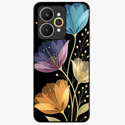 Delicate Multicolor Flowers Glass Case showing flat back view with vibrant floral artwork and glossy glass finish.