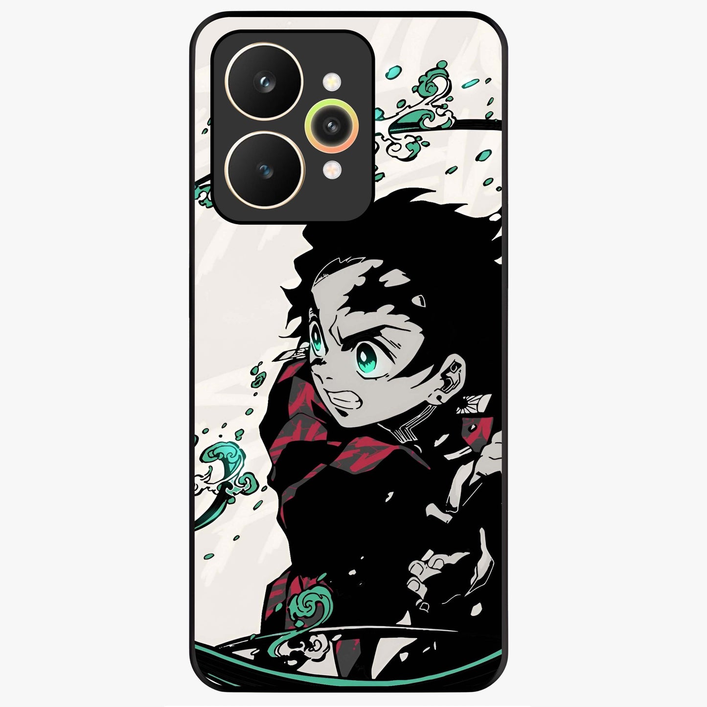 Demon Slayer Glass Case showing flat back view with bold anime inspired artwork and glossy glass finish.