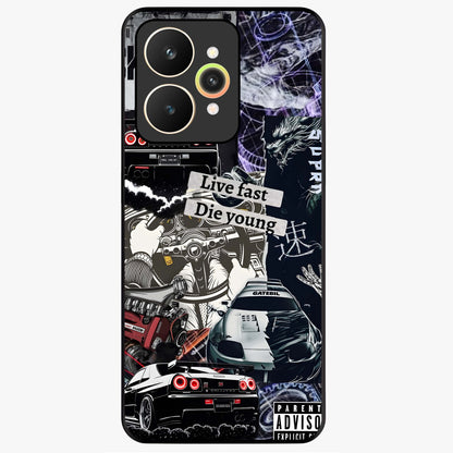 Die Young Glass Case showing flat back view with bold artistic typography design and glossy glass finish.