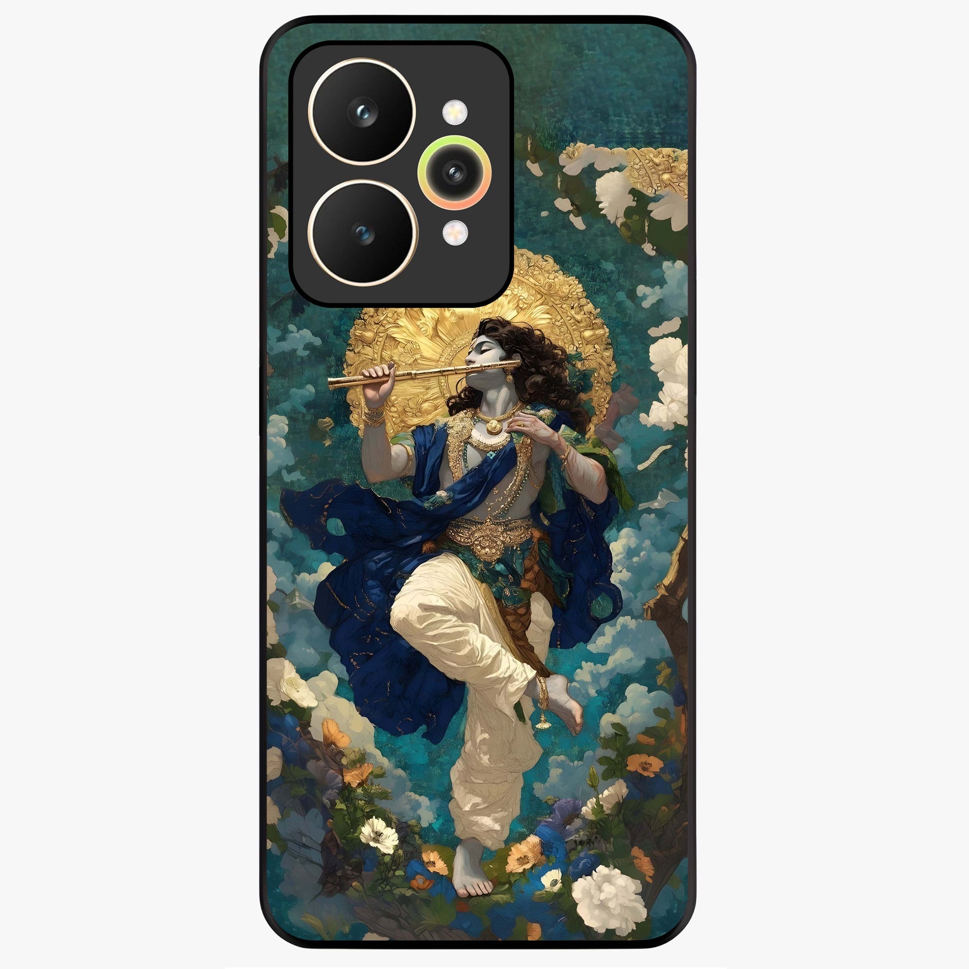 Divine Krishna Art Glass Case showing flat back view with Lord Krishna artwork and glossy glass finish.