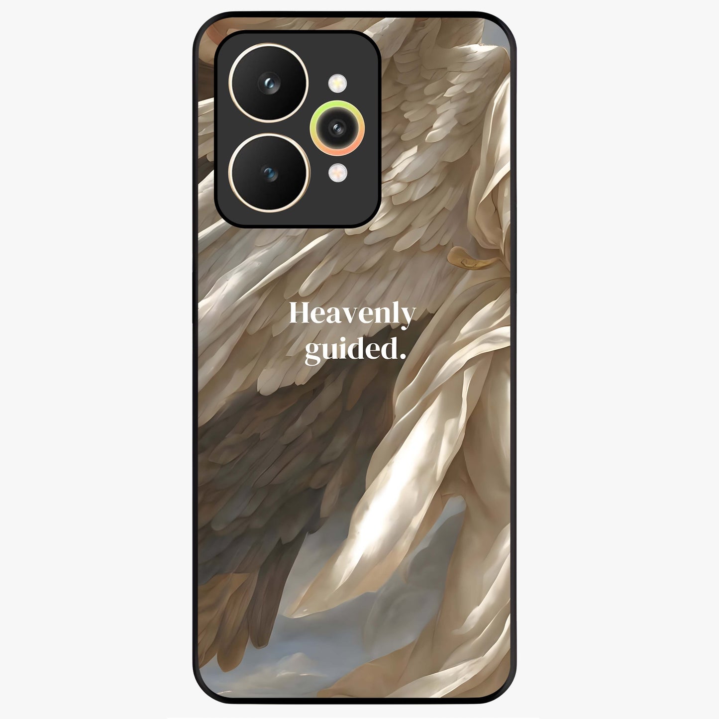 Divine Winged Grace Glass Case showing flat back view with elegant wing inspired artwork and glossy glass finish.