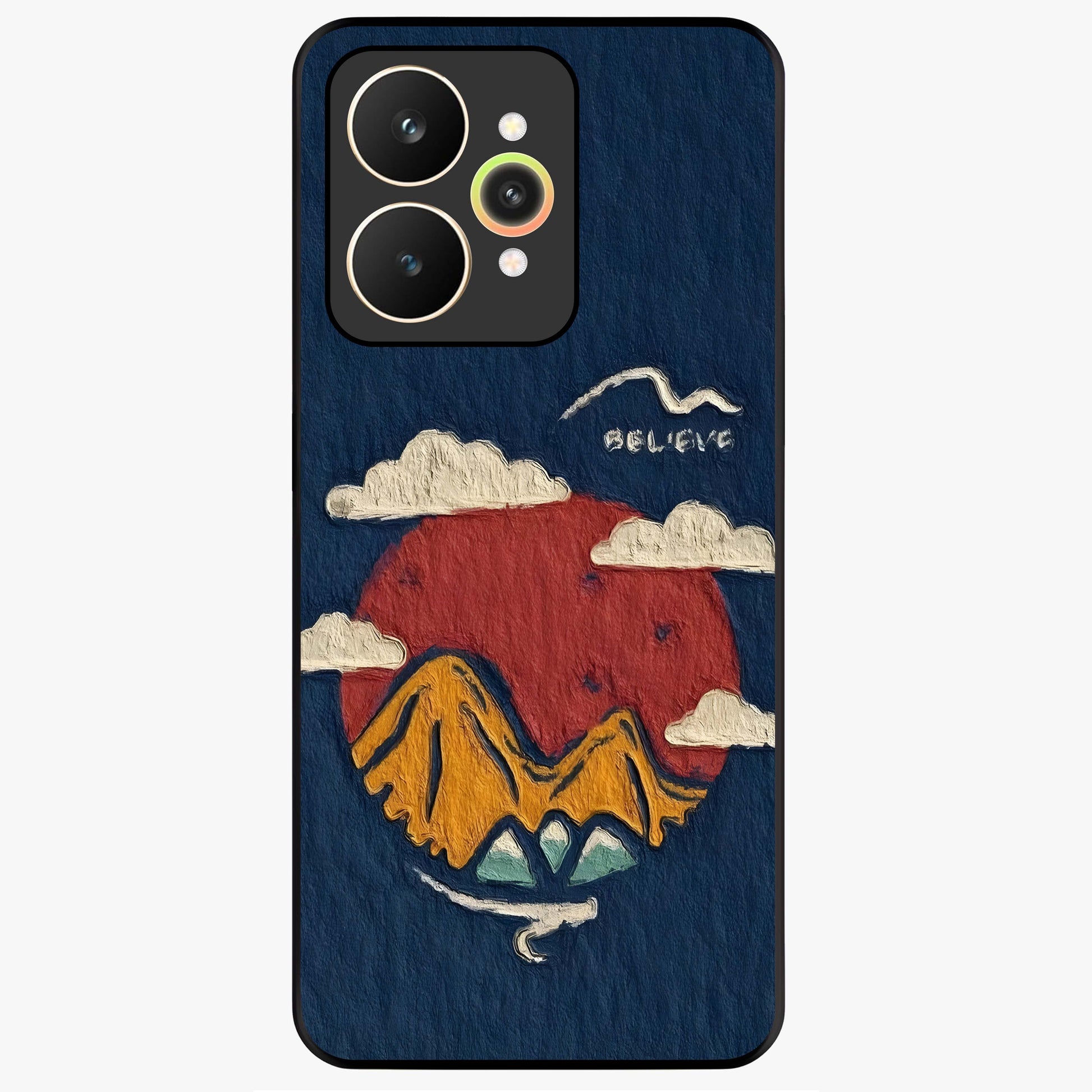 Dream Beyond Mountains Glass Case showing flat back view with scenic mountain landscape artwork and glossy glass finish.