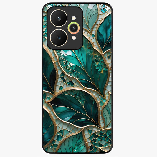 Emerald Leaf Glass Glass Case showing flat back view with emerald green leaf artwork and glossy glass finish.