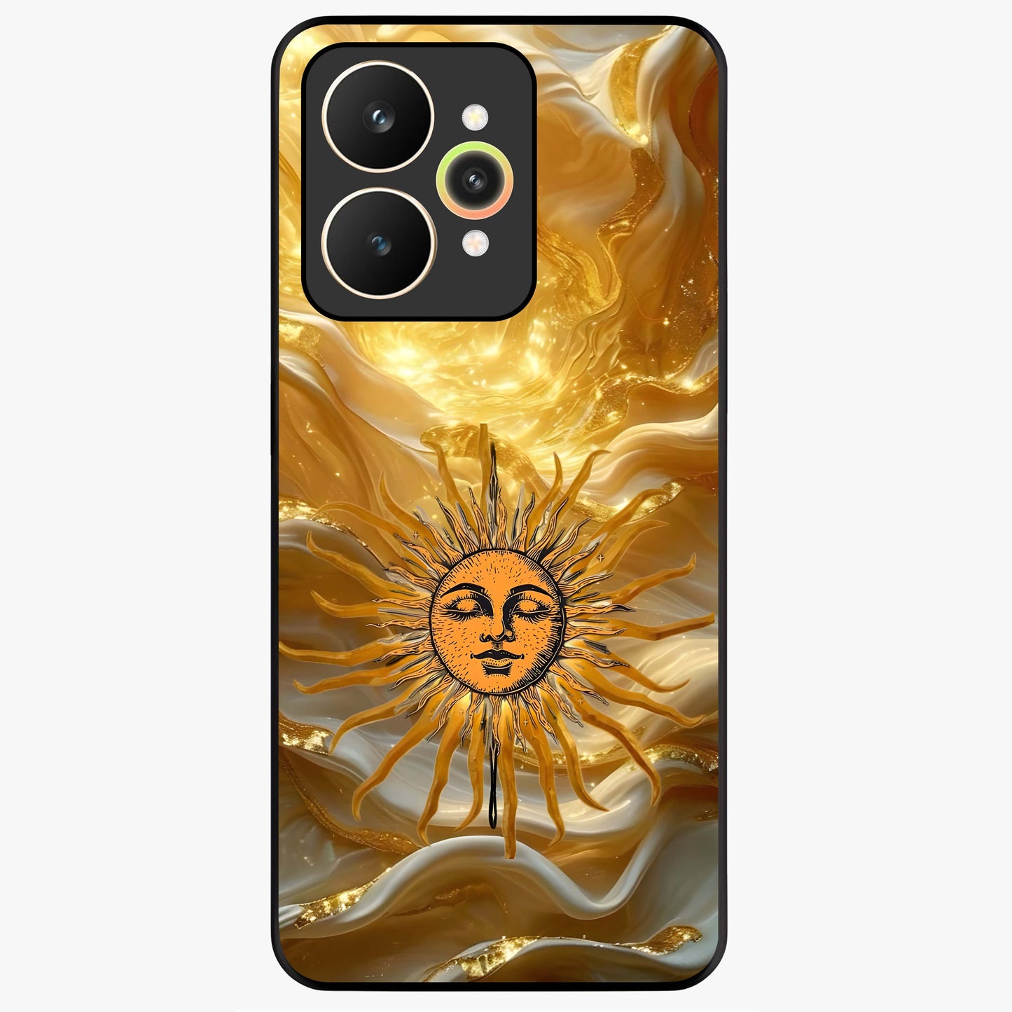 Eternal Golden Glow Glass Case showing flat back view with radiant golden themed artwork and glossy glass finish.