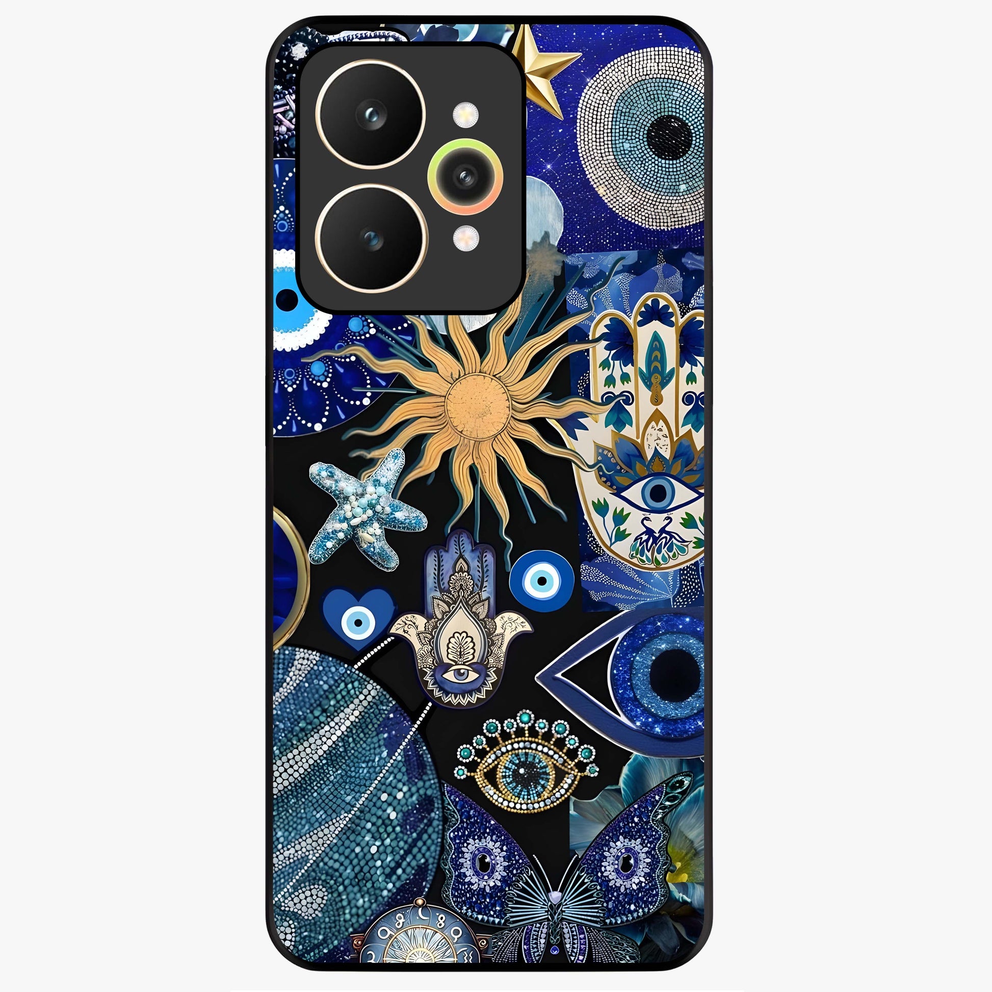Evil Eye Charm Mix Glass Case showing flat back view with multiple evil eye charms artwork and glossy glass finish.