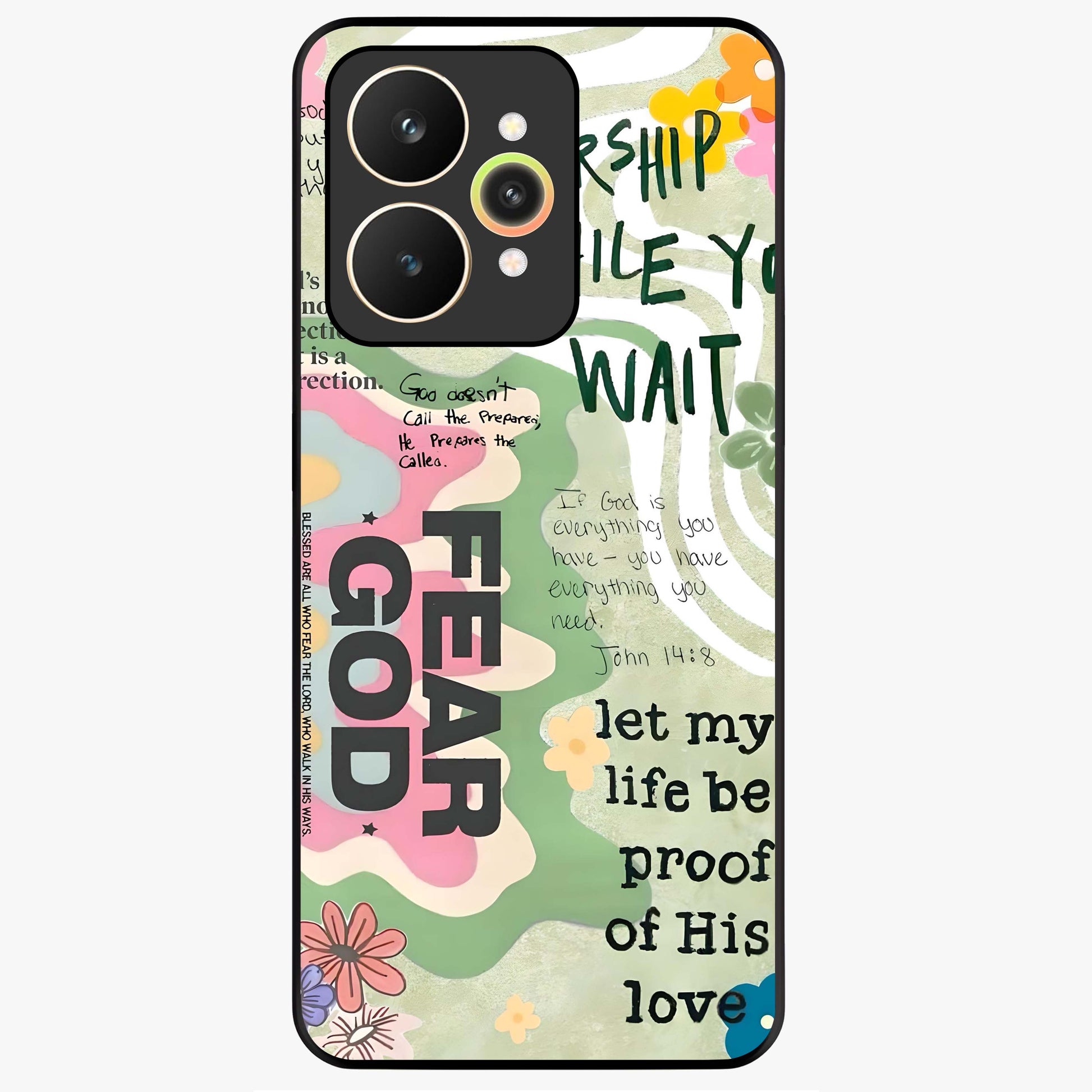 Faith Over Fear Glass Case showing flat back view with motivational typography artwork and glossy glass finish.