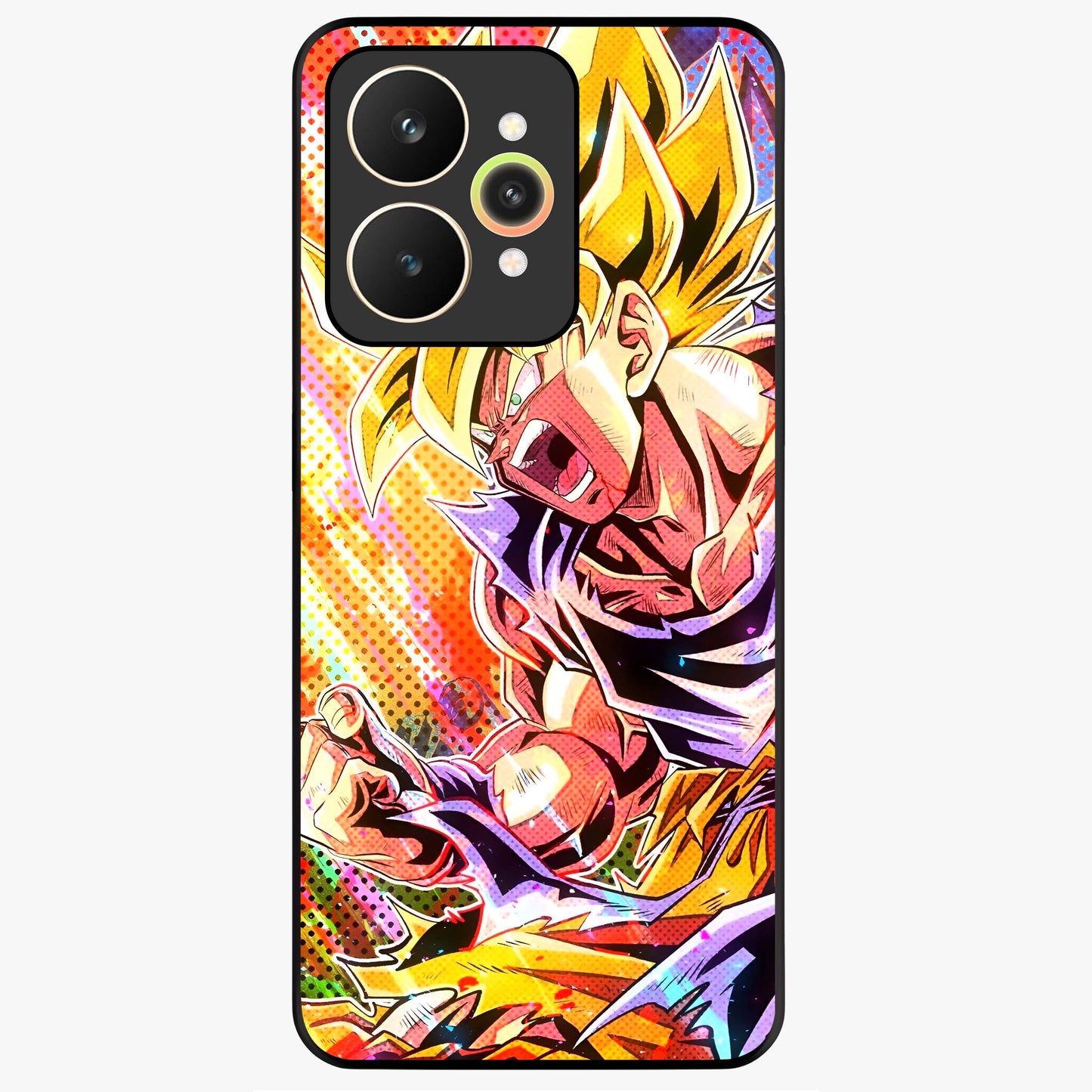 Firing Goku Glass Case showing flat back view with powerful anime inspired artwork and glossy glass finish.