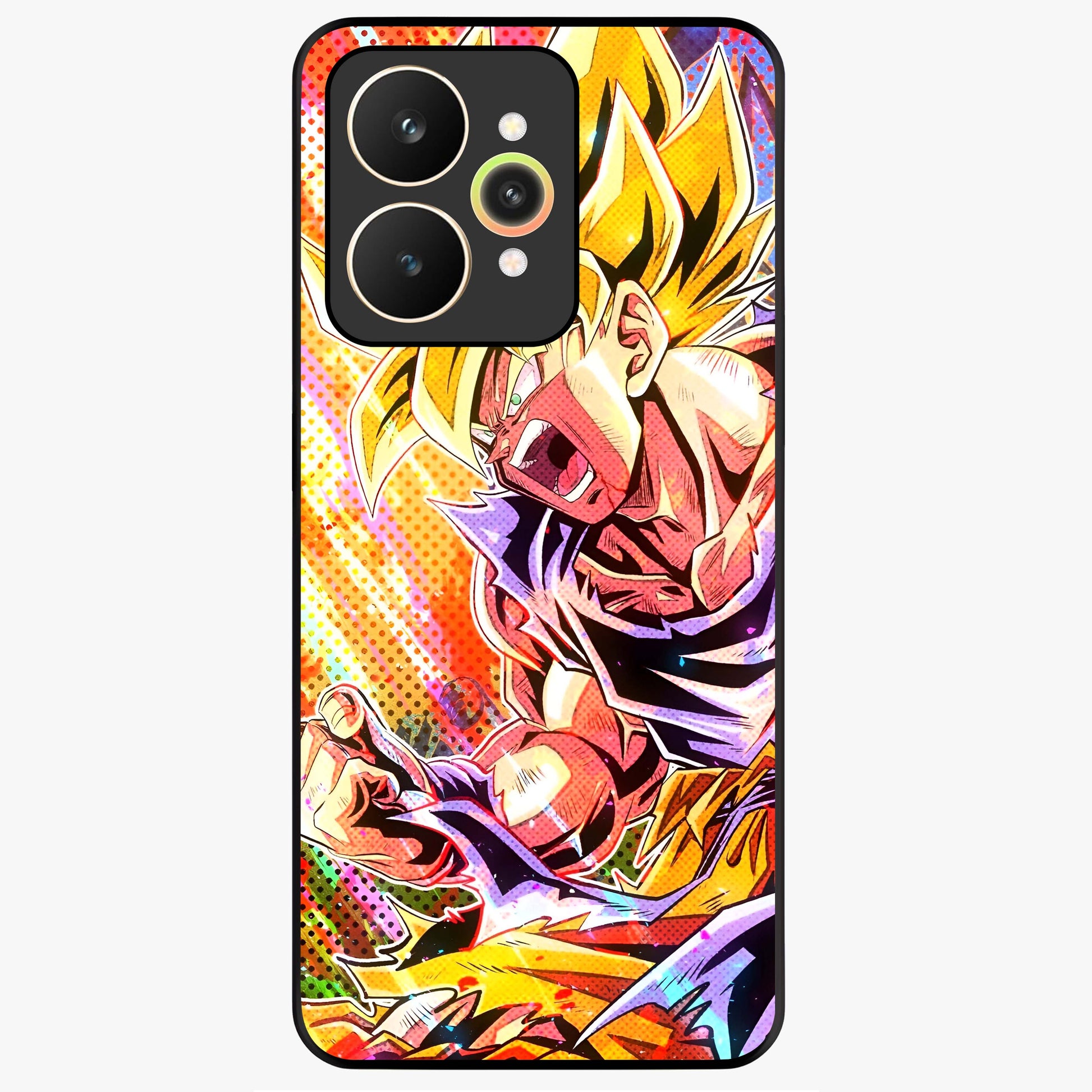 Firing Goku Glass Case showing flat back view with powerful anime inspired artwork and glossy glass finish.
