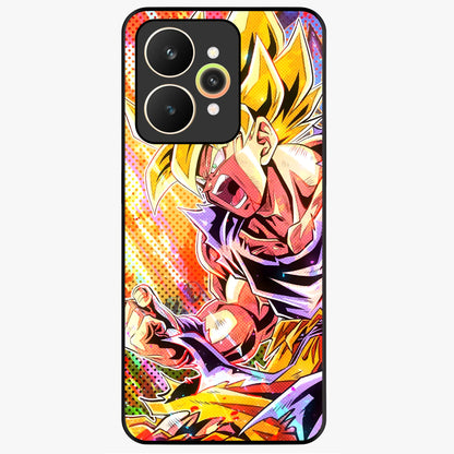 Firing Goku Glass Case showing flat back view with powerful anime inspired artwork and glossy glass finish.