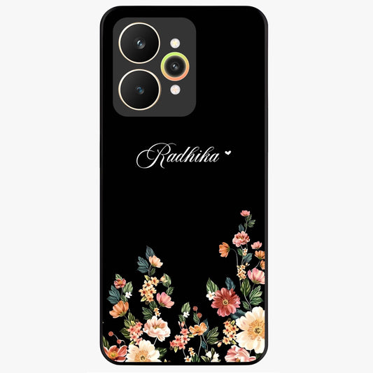 Floral Design With a Custom Personalized Name Glass Case showing flat back view with floral artwork and personalized name design.