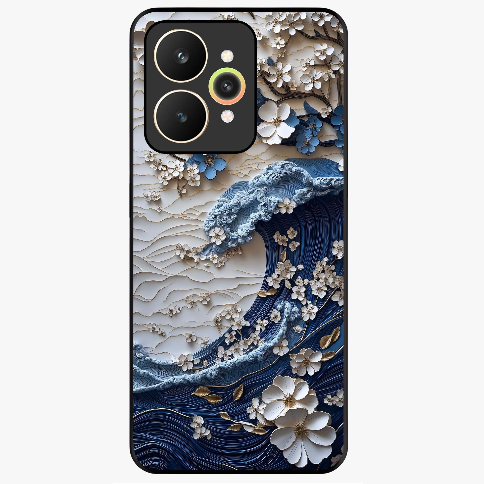 Floral Wave Origami Glass Case showing flat back view with origami inspired floral wave artwork and glossy glass finish.