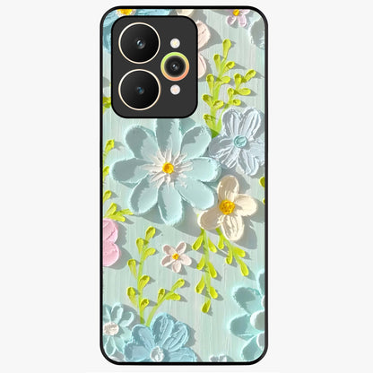 Frosted Petal Garden Glass Case showing flat back view with soft frosted floral artwork and glossy glass finish.