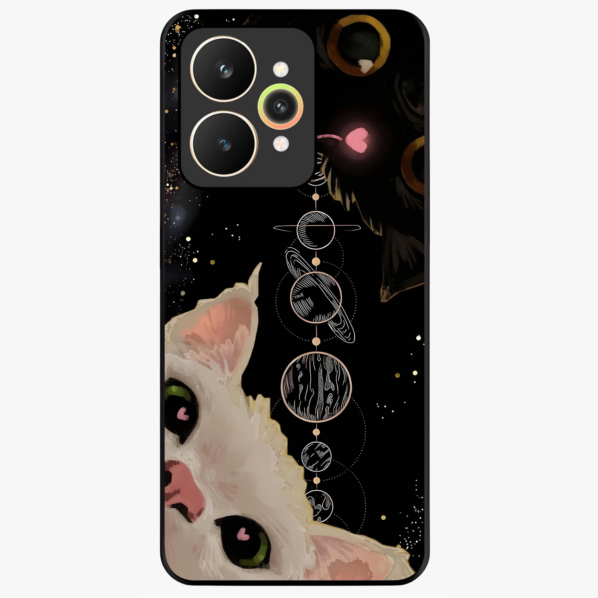 Galactic Cat Glass Case showing flat back view with cosmic cat artwork and glossy glass finish.