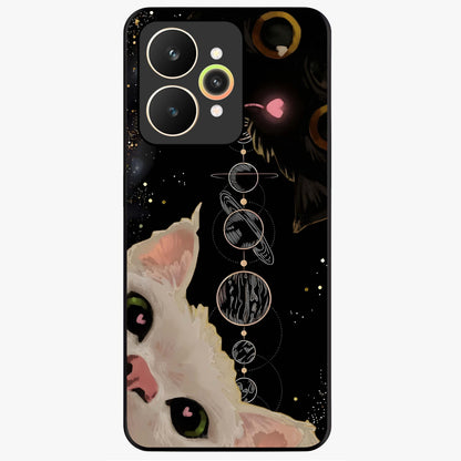 Galactic Cat Glass Case showing flat back view with cosmic cat artwork and glossy glass finish.