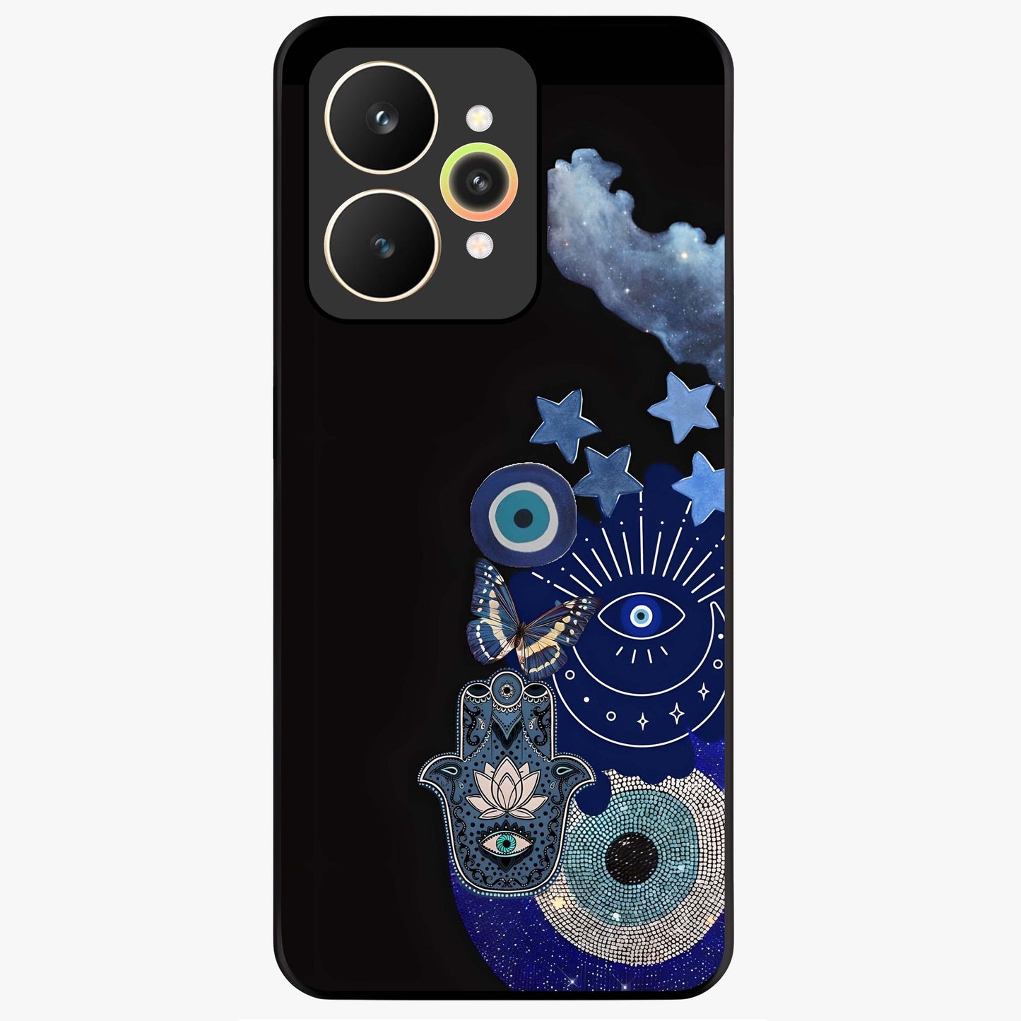 Galactic Charm Cluster Glass Case showing flat back view with glowing celestial charm artwork and glossy glass finish.