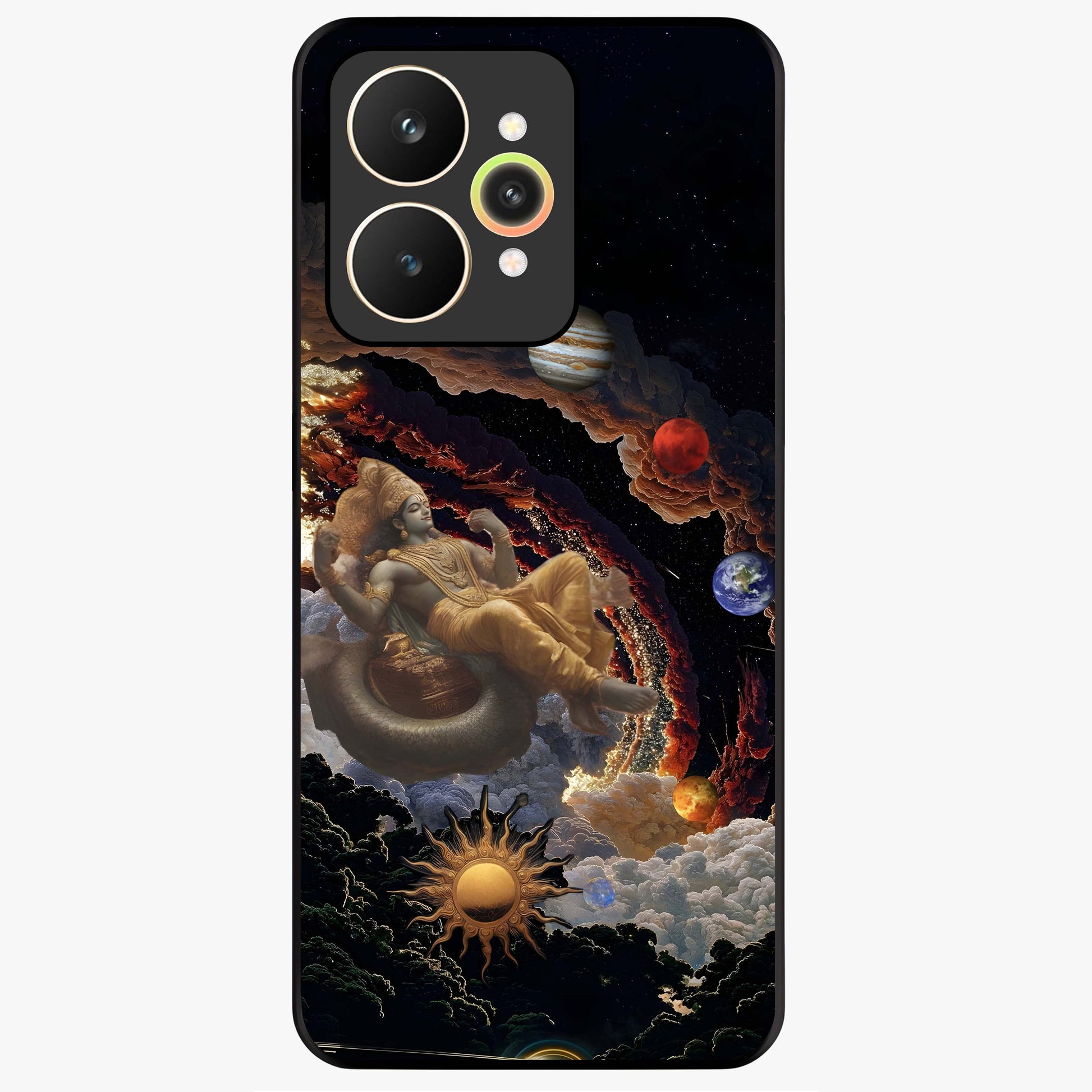 Galactic Divine God Glass Case showing flat back view with divine cosmic themed artwork and glossy glass finish.