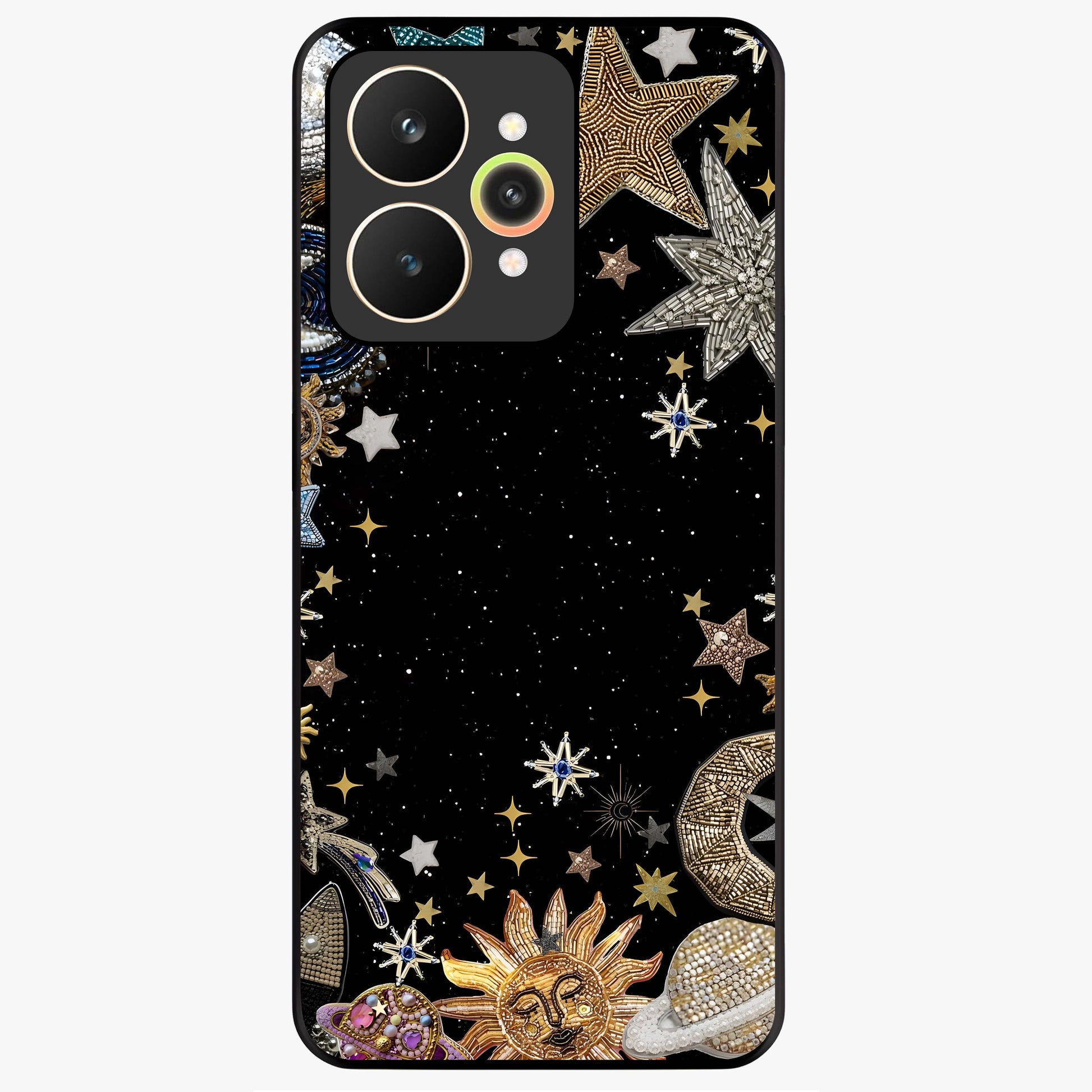 Galactic Jewel Stars Glass Case showing flat back view with sparkling star jewel artwork and glossy glass finish.