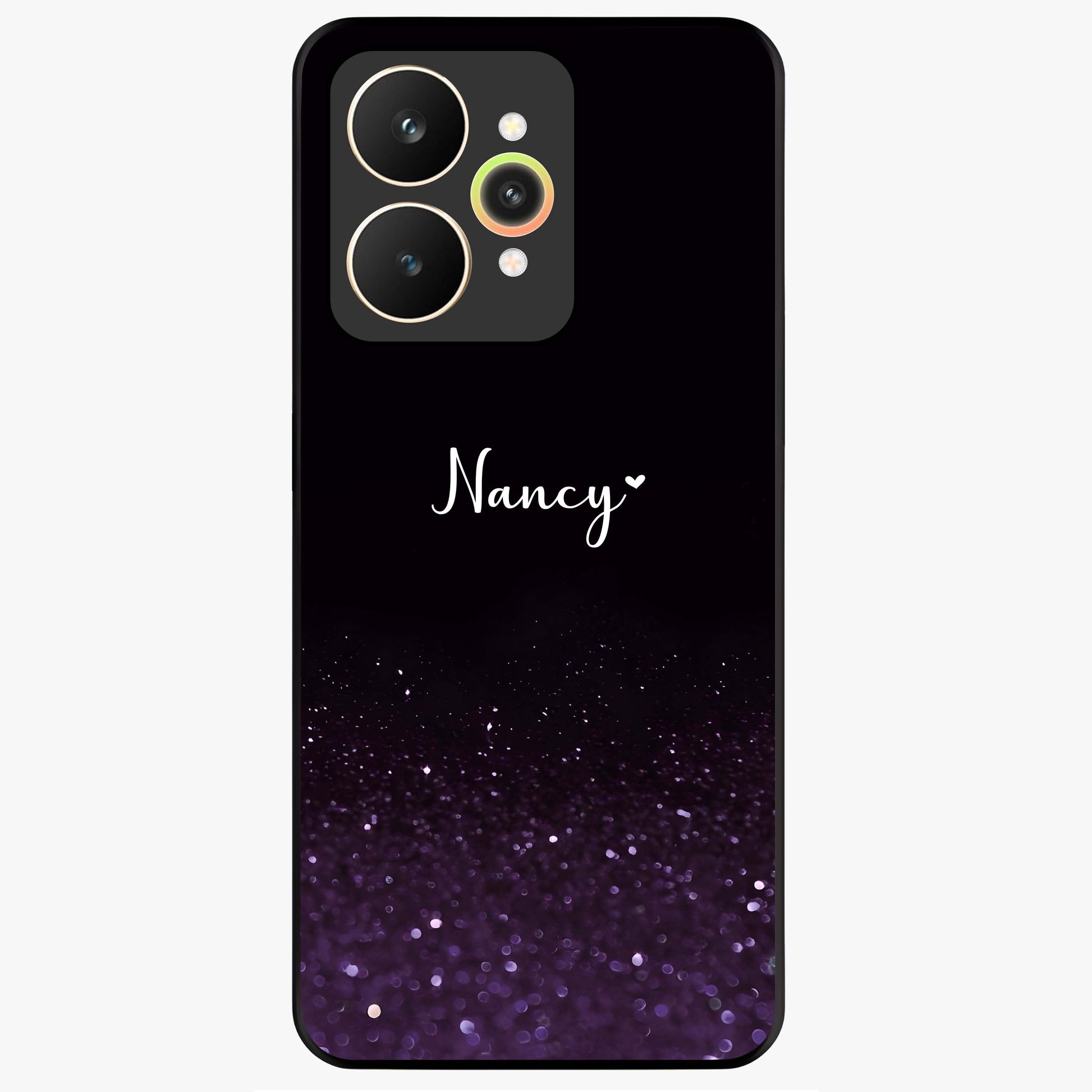 Glittery Purple Bokeh Custom Name Glass Case showing flat back view with purple bokeh sparkle artwork and personalized name design.