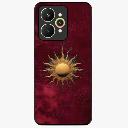 Gold Sun Blush Glass Case showing flat back view with golden sun inspired artwork and glossy glass finish.