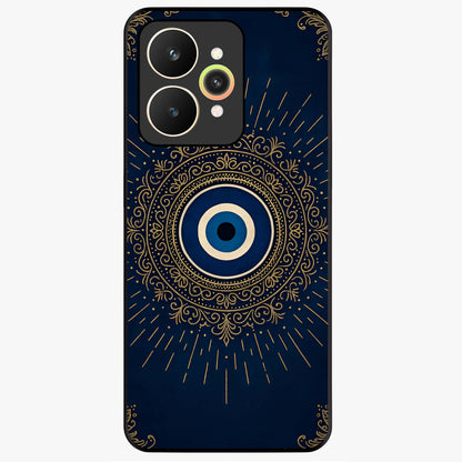 Golden Evil Eye Mandala Glass Case showing flat back view with intricate evil eye mandala artwork and glossy glass finish.