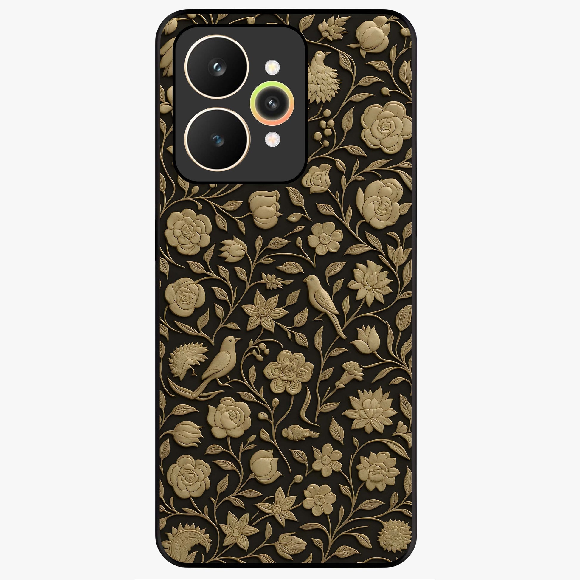 Golden Floral Majesty Glass Case showing flat back view with luxurious golden floral artwork and glossy glass finish.
