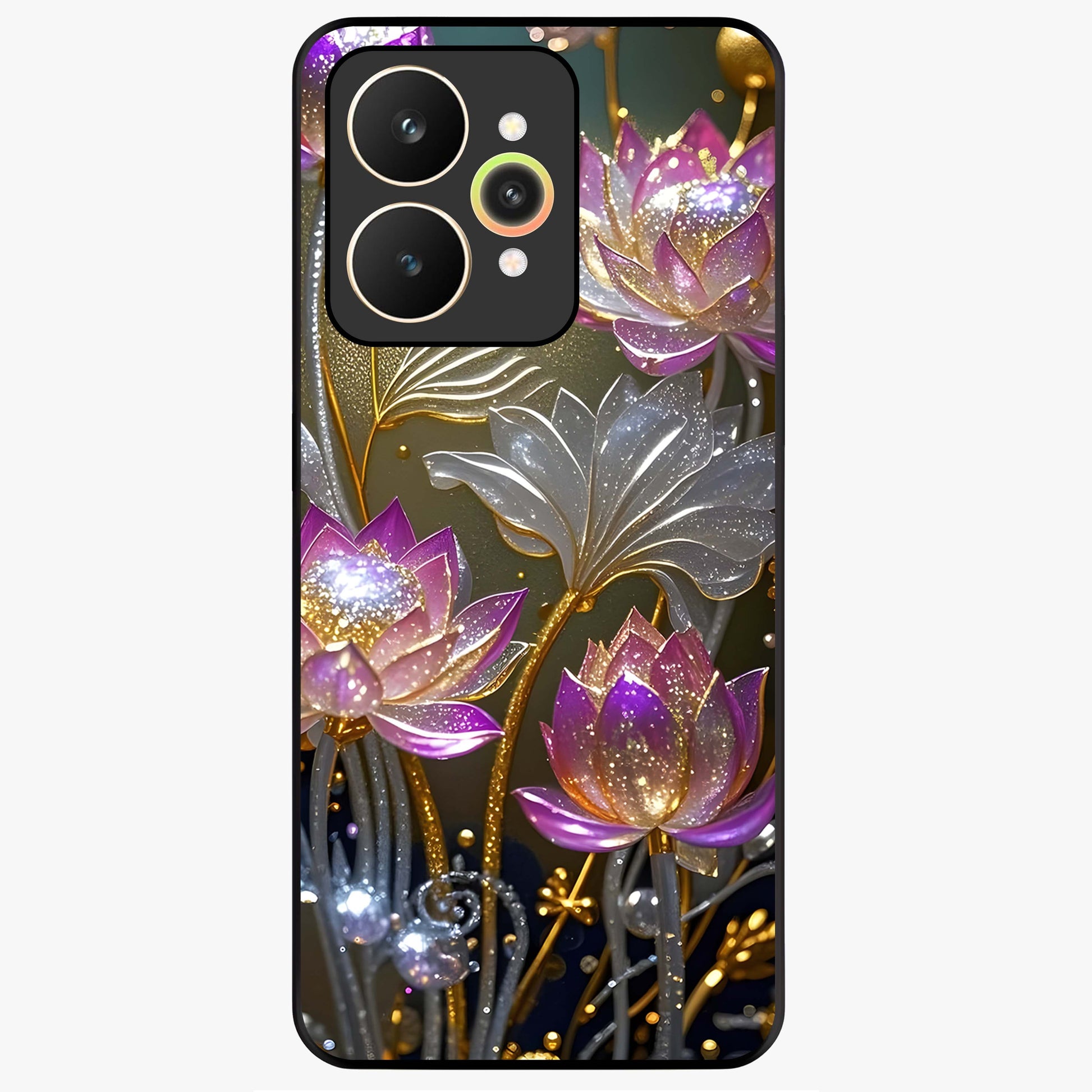 Golden Lotus Glow Glass Case showing flat back view with glowing lotus flower artwork and glossy glass finish.