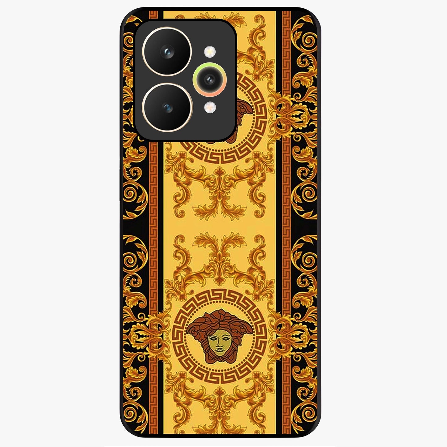 Golden Royal Heritage Glass Case showing flat back view with ornate royal pattern artwork and glossy glass finish.