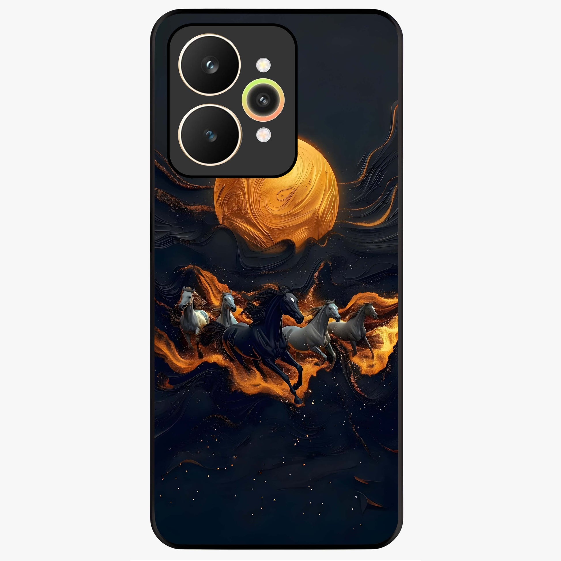 Golden Stallion Moonride Glass Case showing flat back view with majestic horse under moonlight artwork and glossy glass finish.