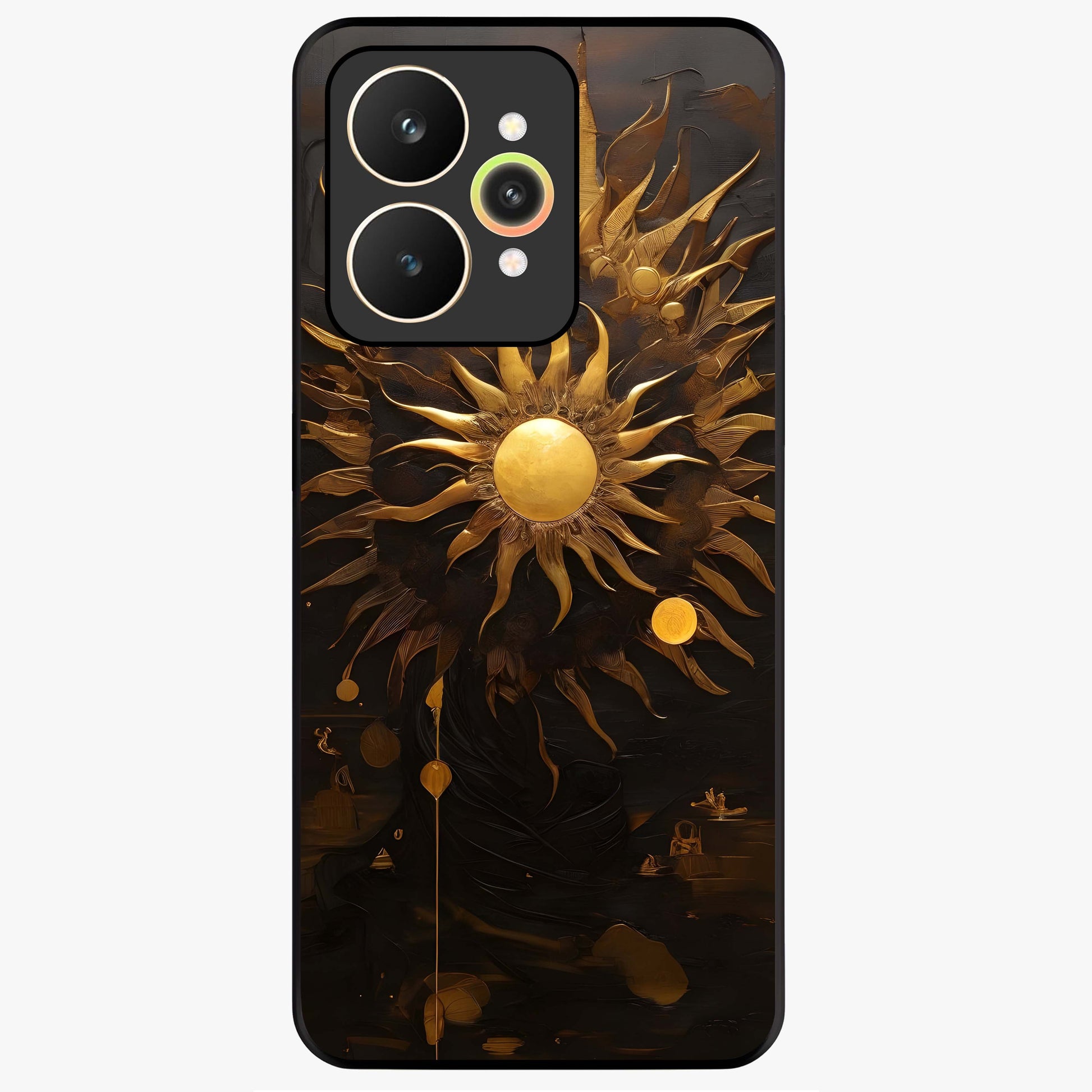Golden Sun Majesty Glass Case showing flat back view with radiant golden sun artwork and glossy glass finish.