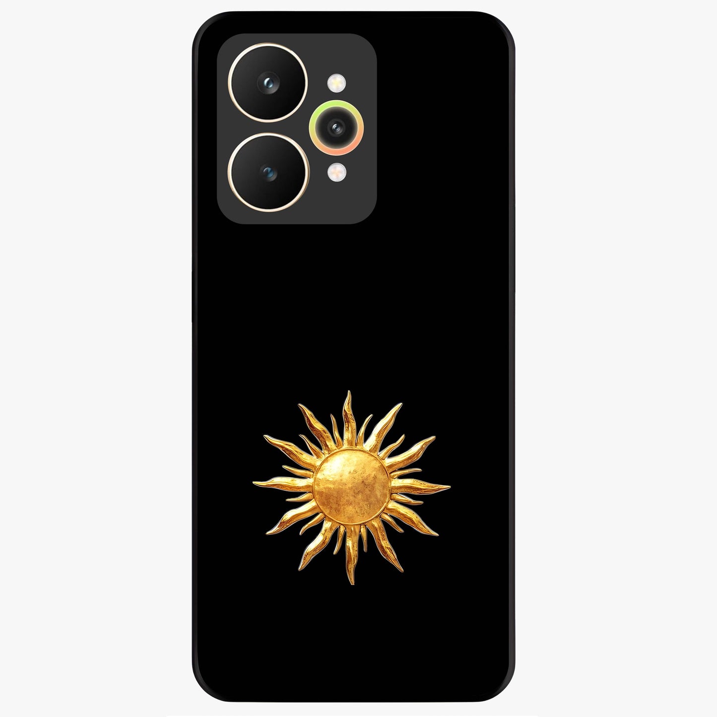 Golden Sun Minimalism Glass Case showing flat back view with minimal golden sun artwork and glossy glass finish.