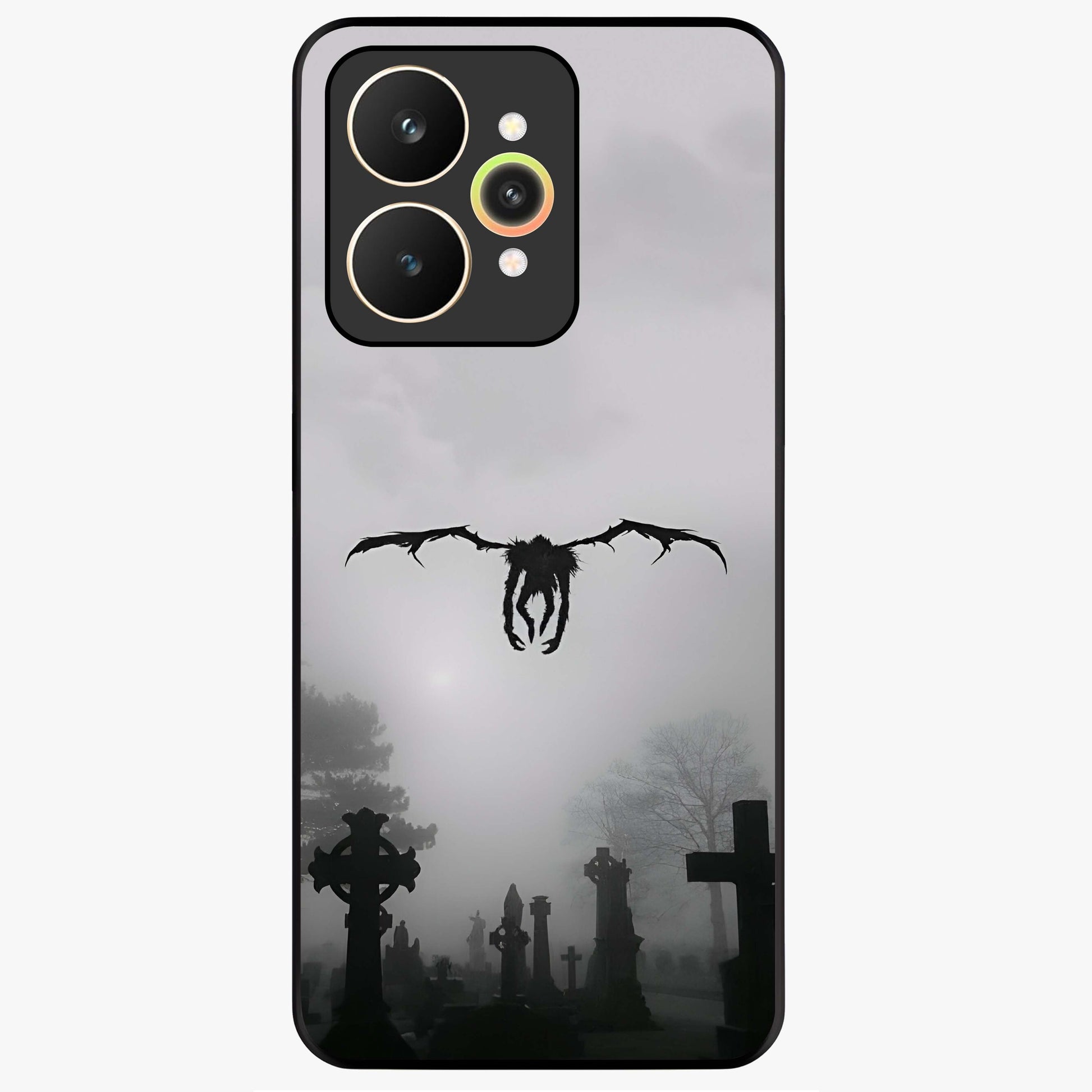 Graveyard Shadow Descent Glass Case showing flat back view with dark graveyard themed artwork and glossy glass finish.