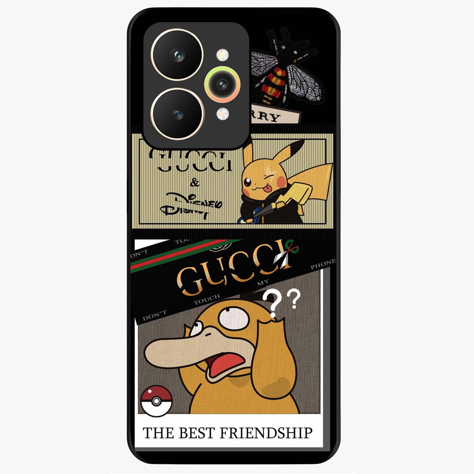 Gucci Play Mashup Glass Case showing flat back view with luxury inspired graphic artwork and glossy glass finish.