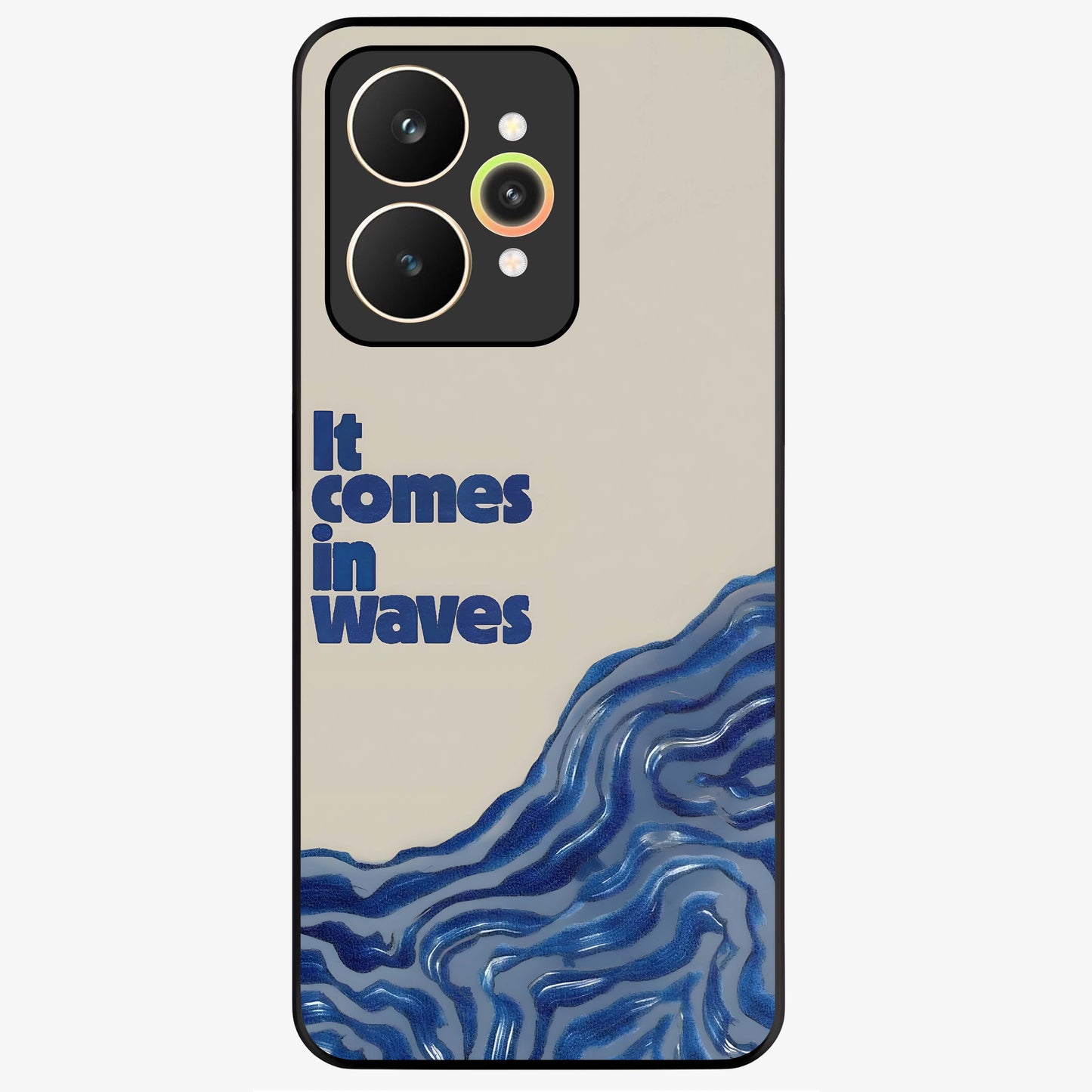 It Comes In Waves Quote Glass Case showing flat back view with inspirational wave themed quote artwork and glossy glass finish.