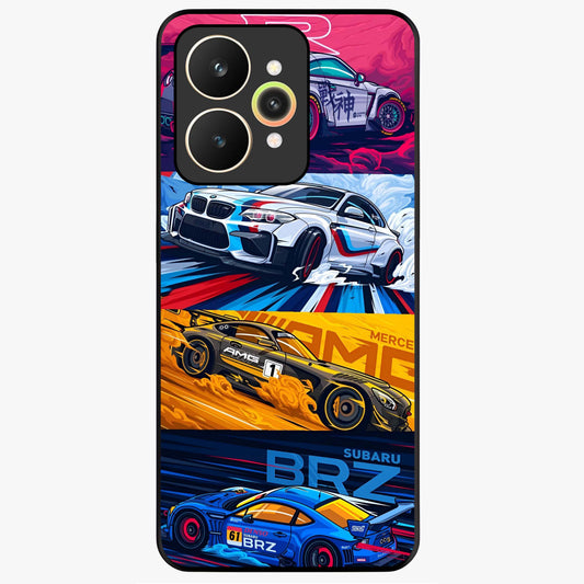JDM Sports Car Glass Case showing flat back view with high performance sports car artwork and glossy glass finish.