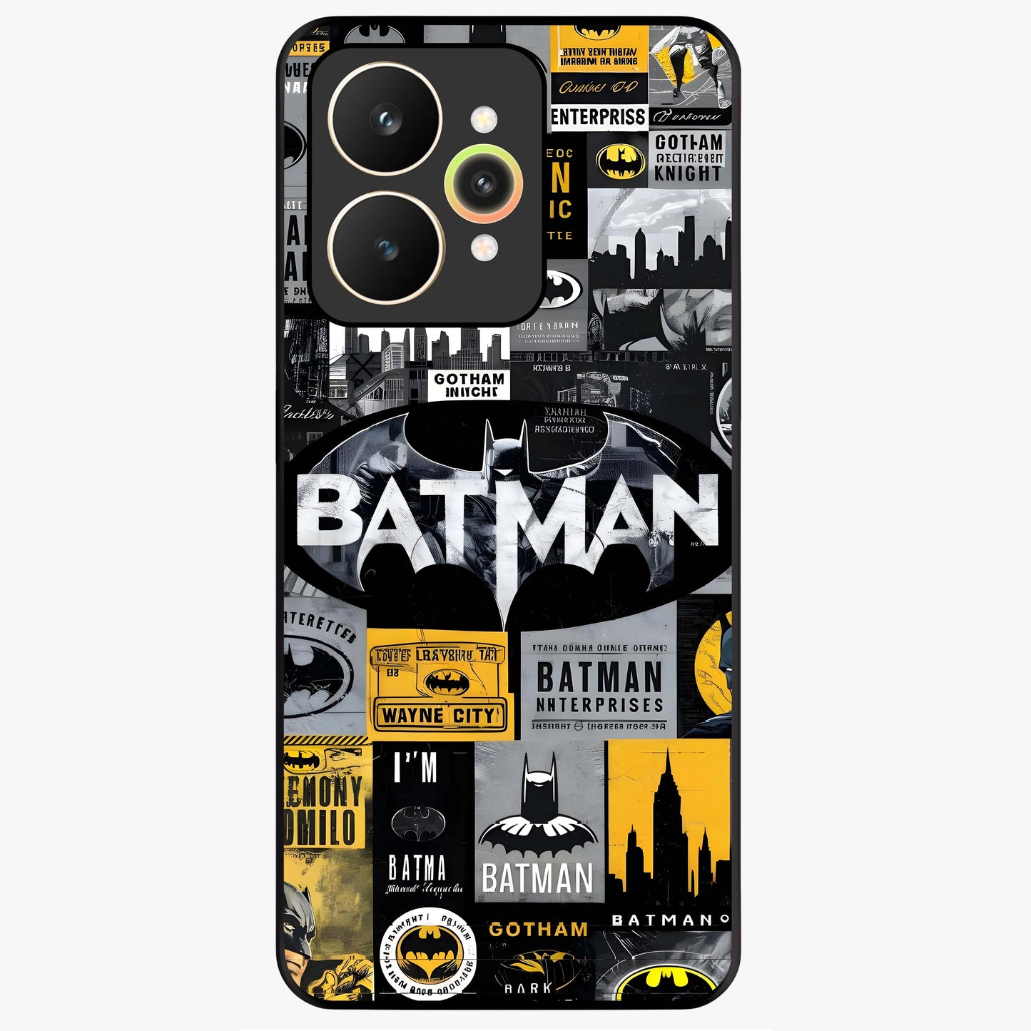 Knight Gotham Rise Glass Case showing flat back view with dark hero inspired artwork and glossy glass finish.