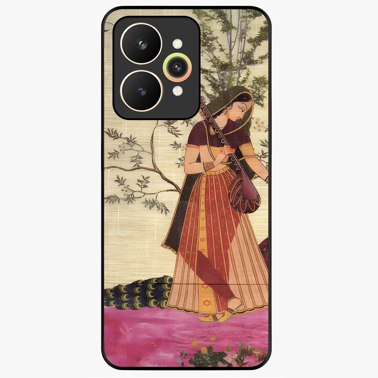 Lady With Veena Art Glass Case showing flat back view with elegant woman playing veena artwork and glossy glass finish.