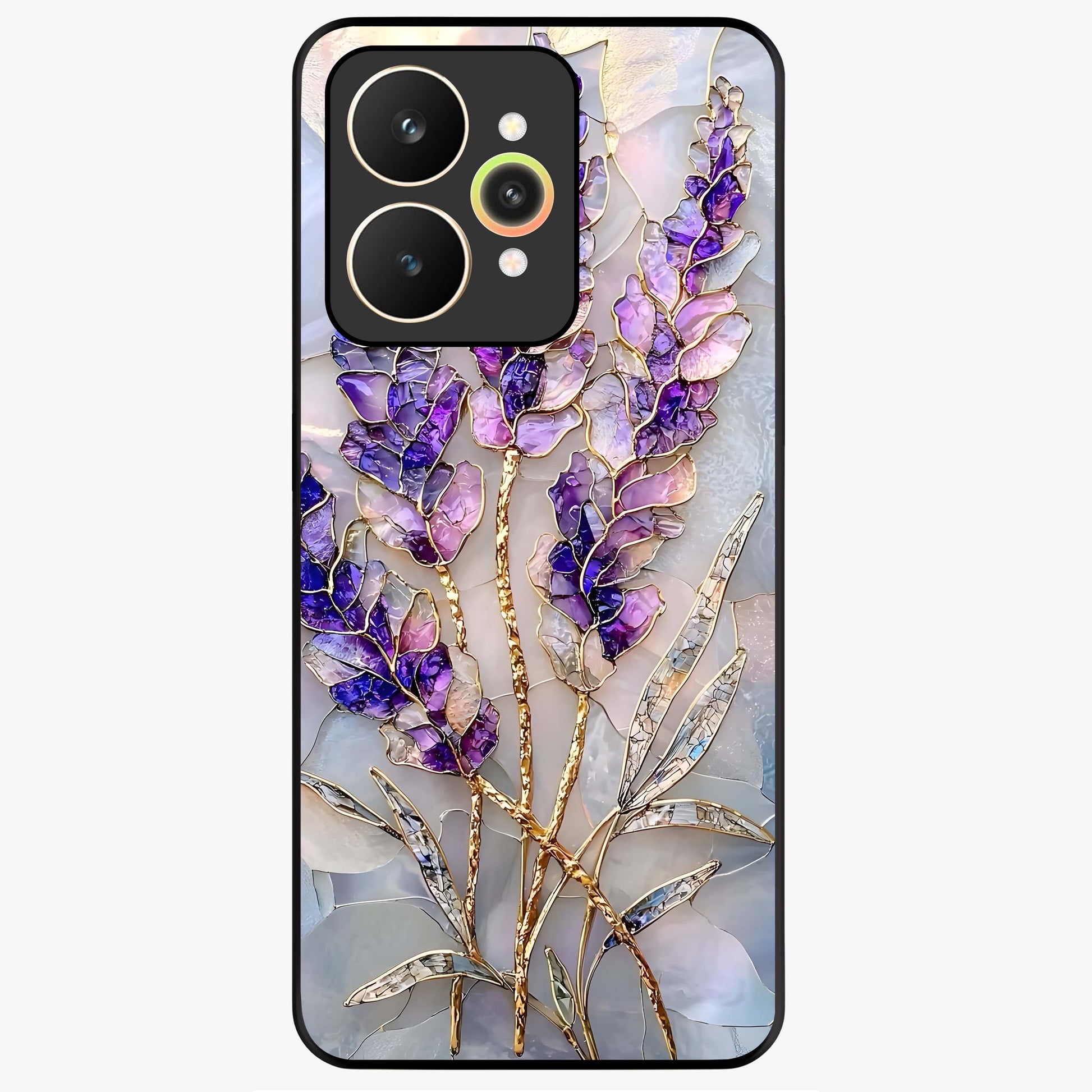 Lavender Dream Glow Glass Case showing flat back view with glowing lavender aesthetic artwork and glossy glass finish.