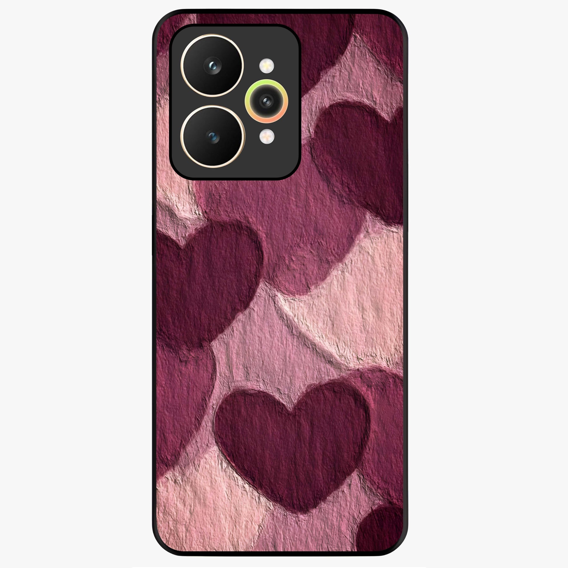 Layered Paper Hearts Glass Case showing flat back view with layered paper heart artwork and glossy glass finish.
