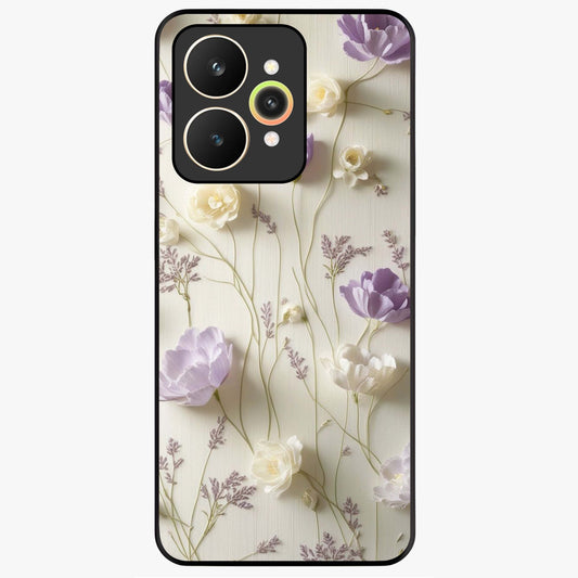 Lilac Breeze Harmony Glass Case showing flat back view with soft lilac themed artwork and glossy glass finish.