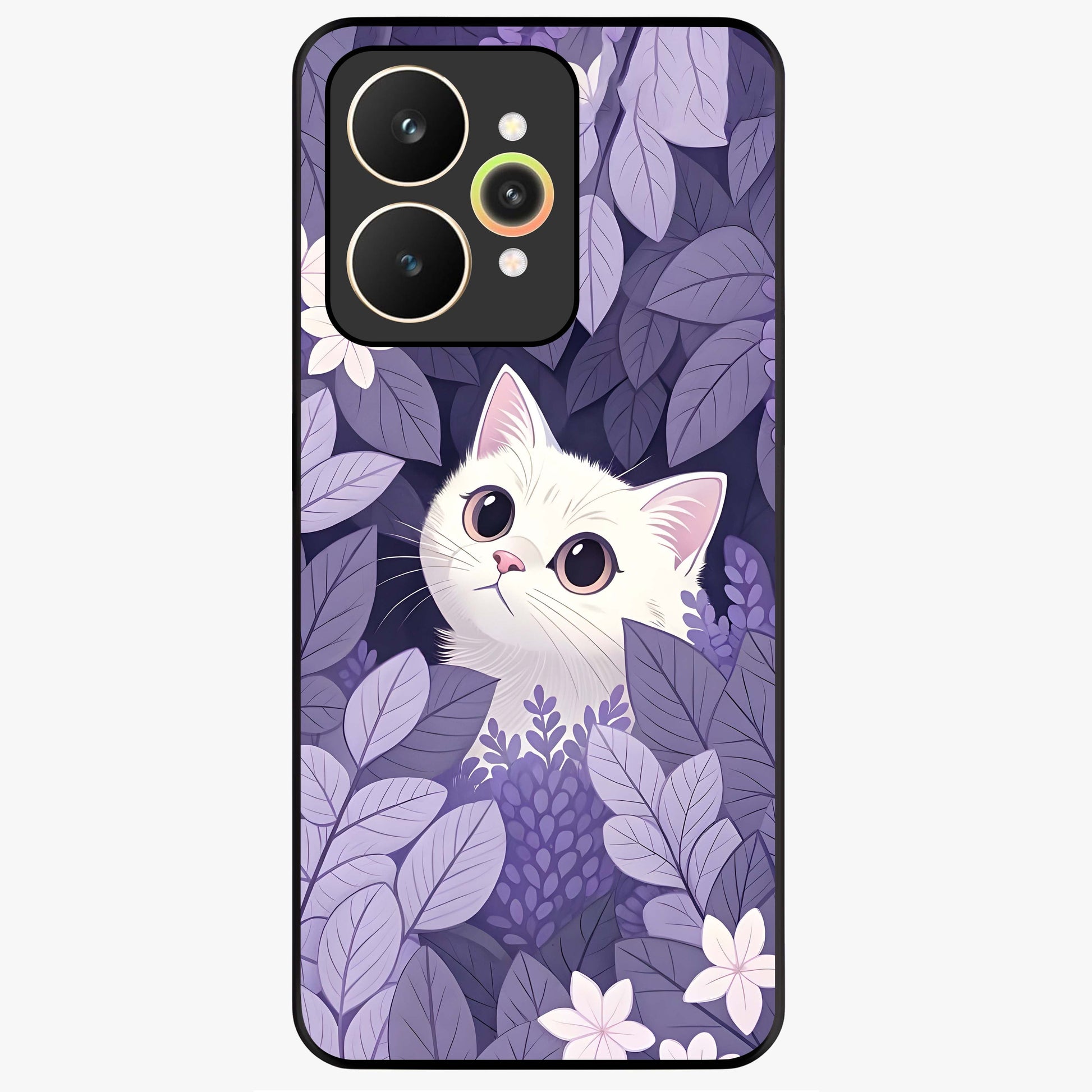 Lilac Hide Peek Cat Glass Case showing flat back view with cute peeking cat artwork and glossy glass finish.