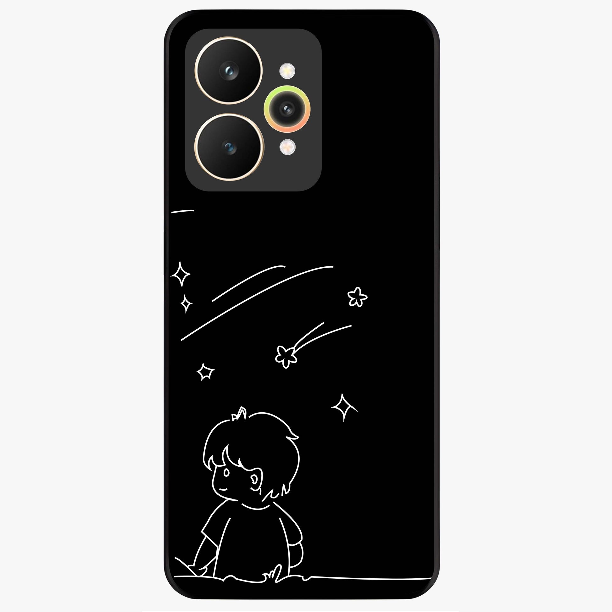 Line Art Boy With Shooting Stars Glass Case showing flat back view with minimal line art boy and shooting stars illustration and glossy glass finish.