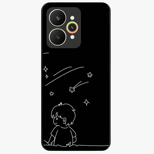 Line Art Boy With Shooting Stars Glass Case showing flat back view with minimal line art boy and shooting stars illustration and glossy glass finish.