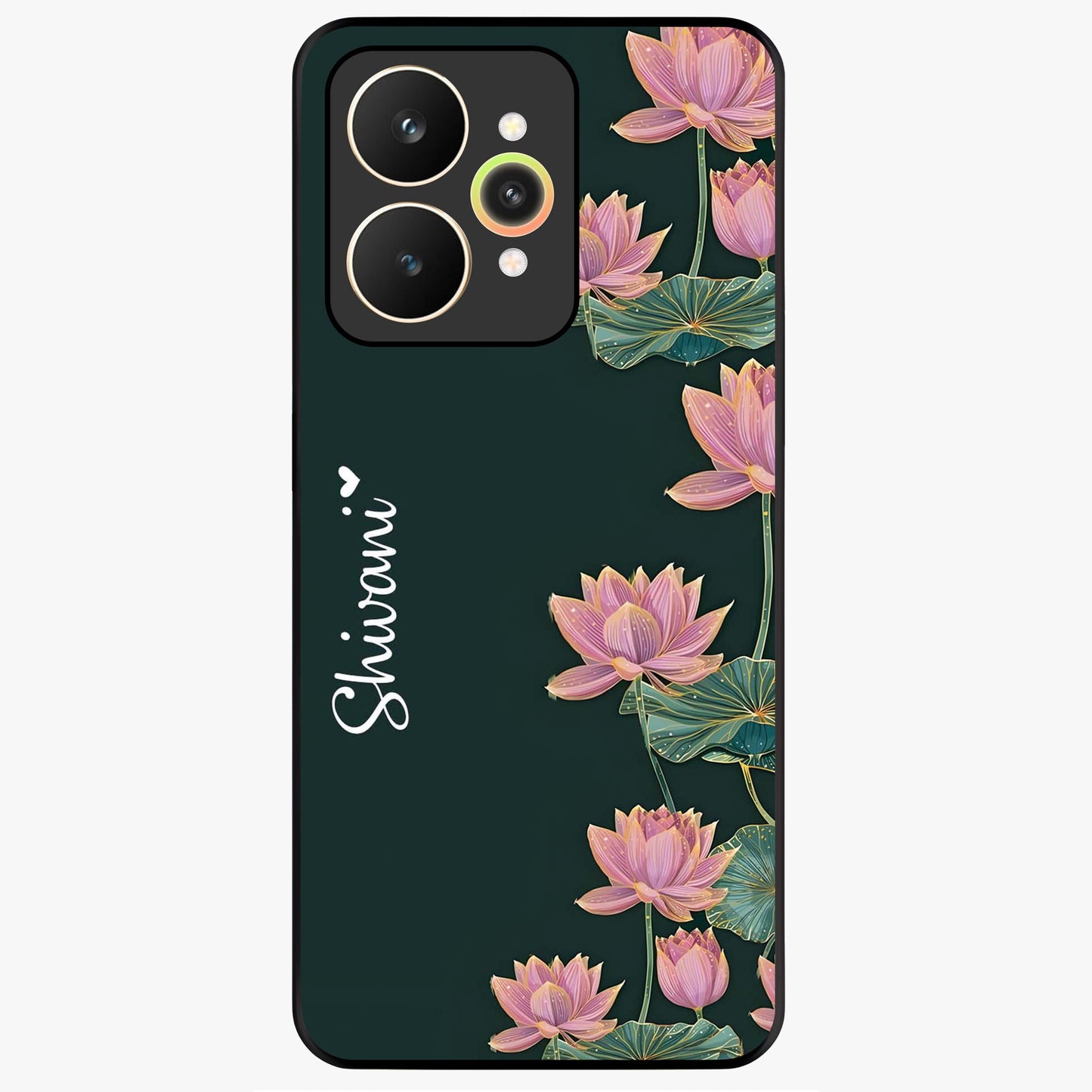 Lotus Bloom Serenity Custom Name Glass Case showing flat back view with elegant lotus flower artwork and personalized name design.