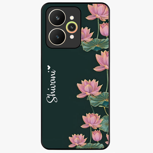 Lotus Bloom Serenity Custom Name Glass Case showing flat back view with elegant lotus flower artwork and personalized name design.