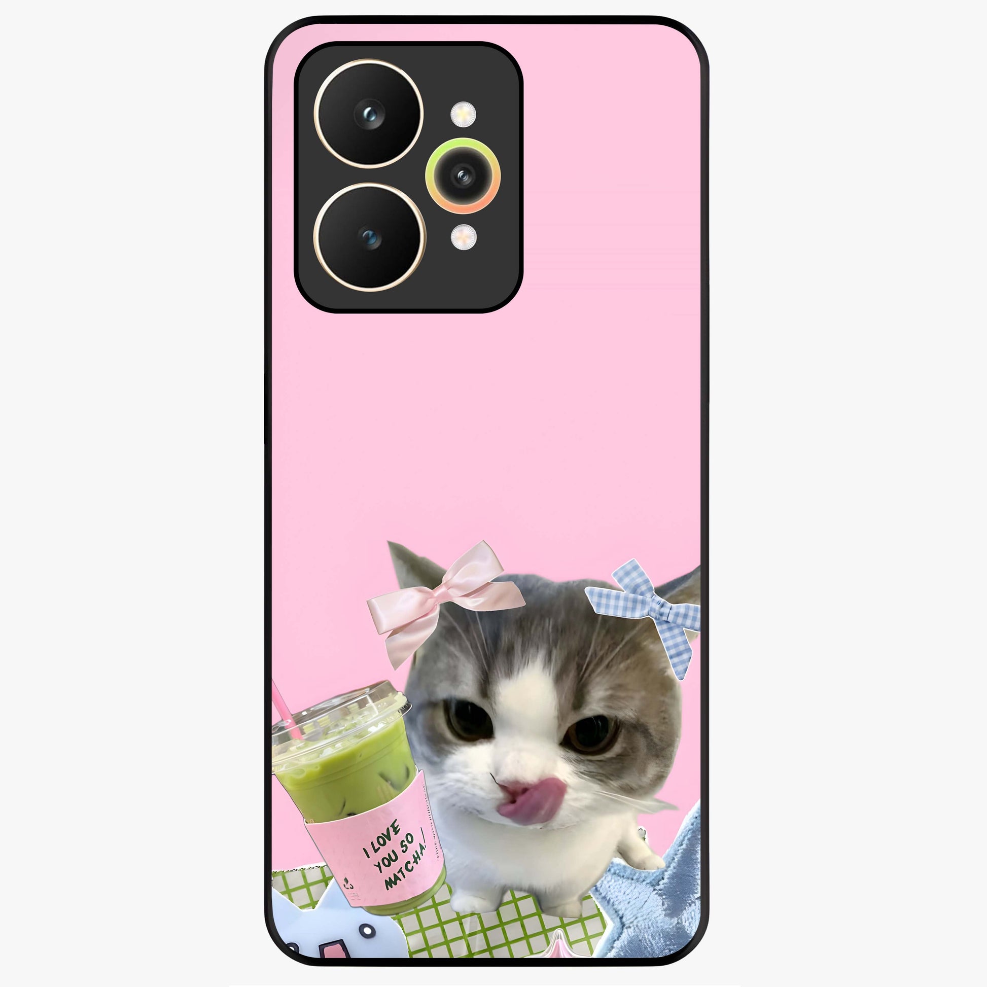 Love Matcha Cat Glass Case showing flat back view with cute cat and matcha themed artwork and glossy glass finish.