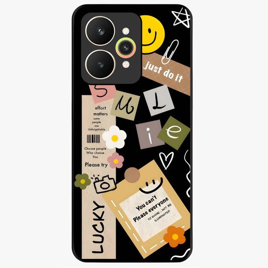 Lucky Aesthetic Collage Glass Case showing flat back view with trendy aesthetic collage artwork and glossy glass finish.