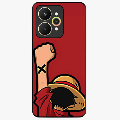 Luffy X Spirit Glass Case showing flat back view with bold anime character artwork and glossy glass finish.