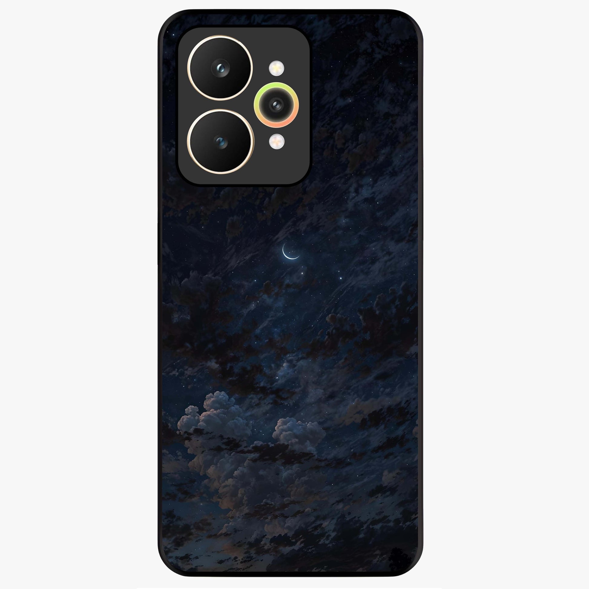 Lunar Veil Silence Glass Case showing flat back view with mystical moon veil artwork and glossy glass finish.