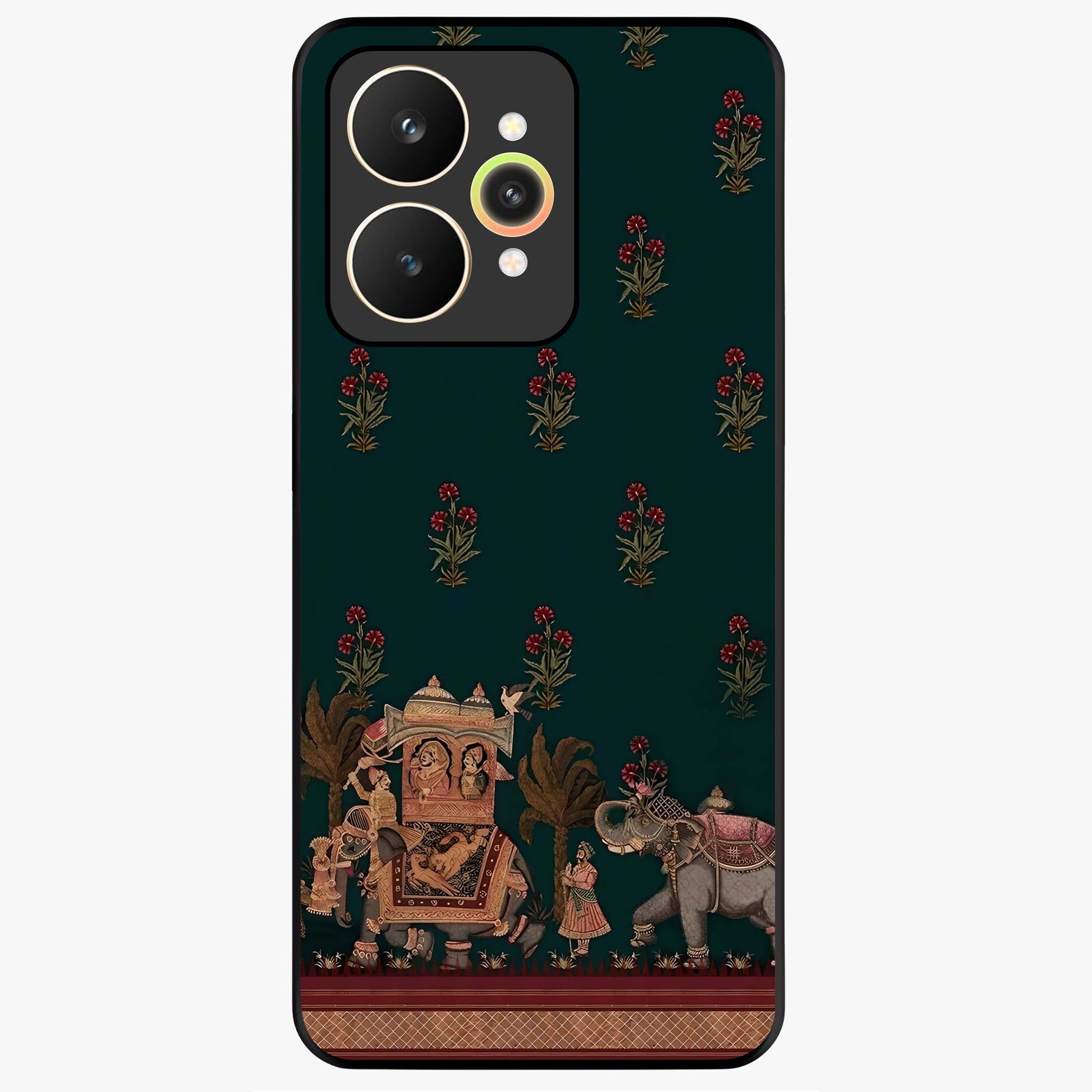 Macmerise Glass Case showing flat back view with stylish modern artwork and glossy glass finish.