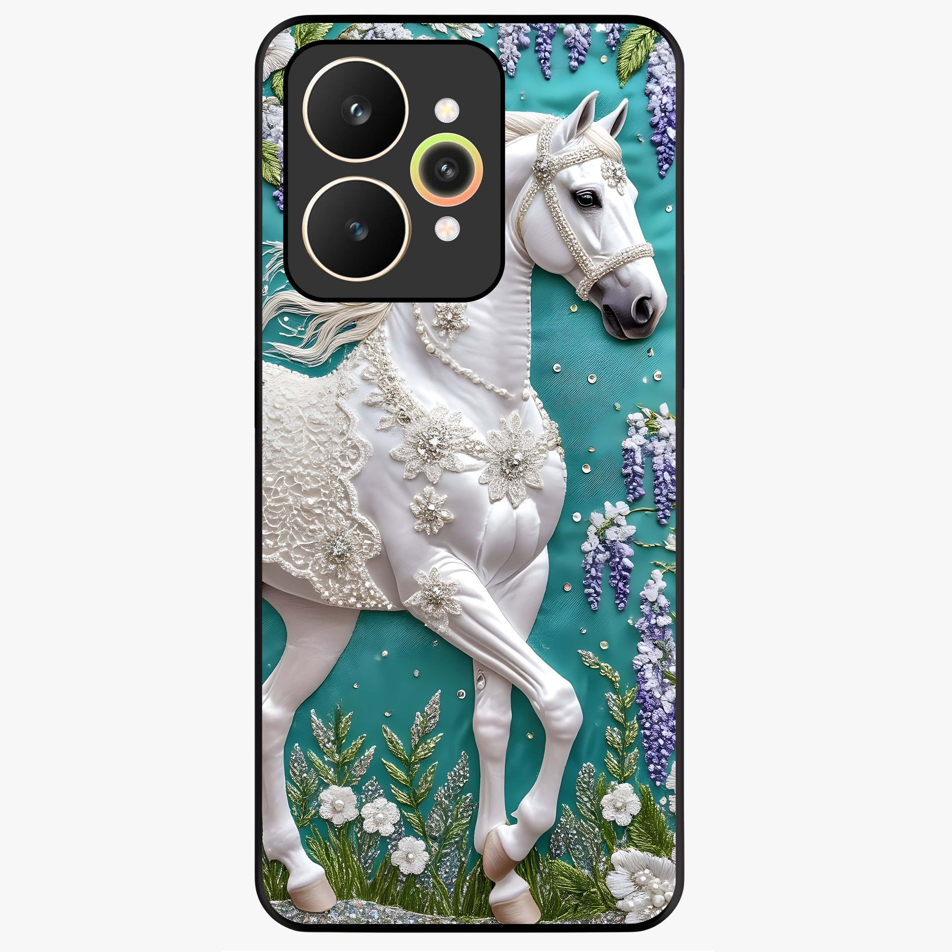 Majestic Floral Stallion Glass Case showing flat back view with powerful horse and floral artwork and glossy glass finish.